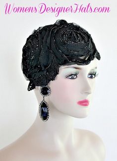 Black And Metallic Silver Couture Cocktail Formal Hat For Women. Hand Made 1920's Flapper - Art Deco Era Designer Fashion Hat. This Designer Hat Is Trimmed With A Black And Metallic Silver Flower Rose Applique Covering A Large Portion Of The Hat. A Stunning Vintage Orange Beaded, Metallic Silver, Black Velvet Trim Encircles The Crown Of This Couture Pillbox Hat. Measurements: 22.5" Crown Size, Soft Crown Style - Fits Most Women. New Condition - Custom Made Couture Fashion Hat Material: Black... Silver Couture, Juliet Cap, Flapper Headpiece, Flapper Art, Custom Made Hats, Cloche Hats, Bridal Fascinator, Black Fascinator, Rose Applique