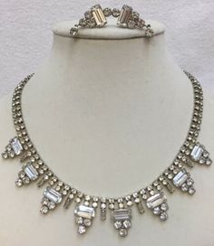 Rhinestone Collar Necklace & Clip On Earring Set Wedding Glass Stones Vintage | eBay Rhinestone Metal Jewelry Sets For Weddings, Wedding Rhinestone Metal Jewelry Sets, Crystal Dangle Jewelry With Stones, Adjustable Rhinestone Crystal Necklace For Wedding, Bling Metal Jewelry Sets For Wedding, Wedding Jewelry Sets With Bling And Metal, Wedding Jewelry Sets With Bling, Dangle Bling Jewelry For Wedding, Dangle Jewelry With Bling For Wedding