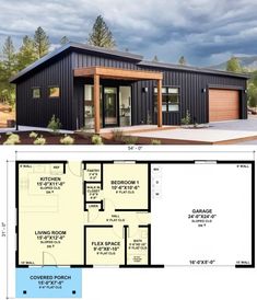 the floor plan for a modern house with two garages and an open living area