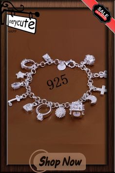 925 Silver Fashion Bracelet with Ms Multielement Adorn Article 13 Silver Charm Bracelet Stamped 925, Silver Dangle Charm Bracelet For Anniversary, Elegant Silver Dangle Charm Bracelet, Silver Dangle Bracelets For Anniversary, Fashion Bracelets, Silver Fashion, 925 Silver, Bracelet, Silver