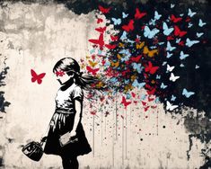 Bring the Streets Indoors: Banksy Girl With Butterflies Canvas Art Print Own a piece of urban art history with this stunning Banksy canvas print featuring his iconic "Girl With Butterflies" stencil. The Details: Gallery-quality reproduction artwork. Vibrant, long-lasting inks on artist-grade canvas for a museum-worthy look. Available in a variety of sizes to perfectly fit your space. Makes a bold statement in any home, apartment, dorm, or office. Keywords: Banksy, street art, graffiti art, stencil art, urban art, pop art, girl with butterflies, butterfly wall art, Banksy canvas print, Banksy wall art, Banksy decor, Banksy for sale, urban wall art, contemporary art, social commentary Looking for a conversation starter? This Banksy print is sure to get noticed and spark discussions about art Banksy Art Graffiti, Bansky Banksy Street Art, Butterflies Stencil, Iconic Girl, Banksy Stencil, Banksy Street Art, Banksy Artwork, Banksy Wall Art, Butterfly Stencil