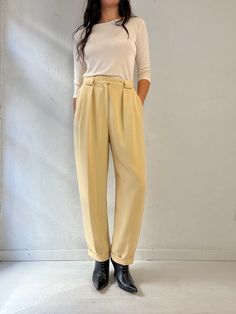 "- Vintage Jones New York pale yellow trousers - 100% polyester - Lined - Tagged 10P Waist: 29\" Rise: 13.5\" Inseam: 27\"" Yellow Wide Leg Pants With Pockets For Work, Yellow Wide Leg Ankle-length Pants For Work, Yellow Wide Leg Pants For Spring Workwear, Spring Yellow Wide Leg Pants For Workwear, Cream Ankle-length Workwear Bottoms, Cream Ankle-length Pants For Workwear, Cream Workwear Ankle-length Bottoms, Ankle-length Cream Bottoms For Workwear, Yellow Straight Leg Pants For Workwear