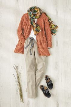 This intricately textured sweater mixes cables, seed stitch and basketweave for rich artistry. Vintage wash adds depth and highlights of color. Look Boho Chic, 일본 패션, Pattern Cardigan, Over 60 Fashion, Tan Pants, 60 Fashion, Patterned Cardigans, Hiking Outfit, Fall Fashion Outfits