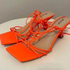 Brand New Neon Orange Strappy Ankle Heel Orange Strappy Heels For Spring, Orange Lace-up Summer Heels, Orange Lace-up Heels For Summer, Orange Square Toe Sandals For Spring, Spring Orange Square Toe Sandals, Fluffy Heels, White Strappy Heels, Black Strap Heels, Fringe Heels