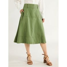 So long style rut, its time for Free Assemblys Flared Midi Skirt. Designed with a flattering classic A-line silhouette, this skirt kick starts any outfit with timeless style. Wear it in place of your favorite jeans for a fresh take on your casual look or dress it up with a femme blouse and some strappy heels and out to dinner you go. Only at Walmart. Size: 0.  Color: Bay Leaf.  Gender: female.  Age Group: adult. Green Denim Skirt, Midi Skirt Casual, Style Rut, Cotton Midi Skirt, Midi Flare Skirt, Paneled Skirt, Long Style, Denim Midi Skirt, Summer Skirts