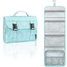 a blue bag with two compartments hanging from it's side and another one in the back