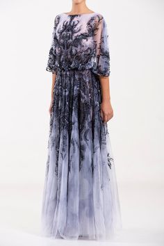 Her Trove - Printed tulle dress featuring flared sleeves Printed Tulle Dress, Summer Fashion Dresses Casual, Saiid Kobeisy, Dress Layered, Summer Fashion Dresses, Tulle Fabric, Dress Size Chart, Beaded Dress, Grey Blue