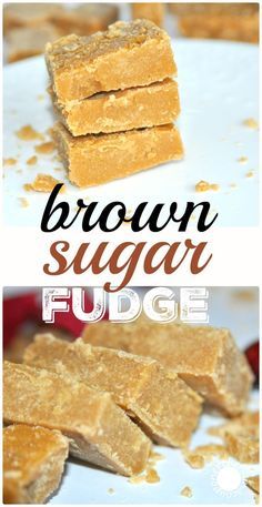 brown sugar fudge on a white plate with the words, brown sugar fudge