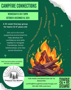 New group, who dis?! Spots are filling up quickly for our new "Campfire Connections" group for teens. This group will be held in-person in Elmhurst on Wednesday evenings starting October 9th. Hit us up to register today!