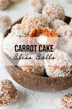 carrot cake bliss balls in a wooden bowl