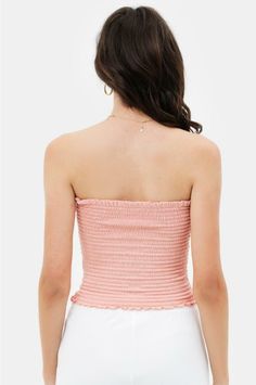 Final Sale - Get it before it's gone! Soak up some sun in the Kiss The Sun Blush Smocked Tube Top! Stretchy smocked fabric shapes this super cute top that has an elasticized strapless neckline and a fitted bodice that ends at a cropped hem. Lettuce ruffle trim detail on neckline and hem of this classic tube top. DETAILS & CARE Rayon/Polyester/Spandex. Machine wash cold. Imported. Tube Top Outfit, Smocked Tube Top, Pink Tube Top, Boho Boutique, Body Suit With Shorts, The Kiss, Pink Boho, Cropped Tube Top, Cute Top