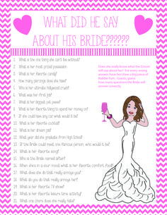 a pink and white poster with the words what did he say about his bride?