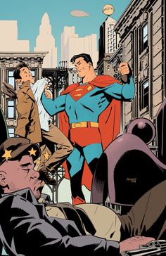 superman and his friends are in the city, with one man pointing at another person