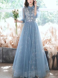 Light Blue A-line Prom Evening Dress, Blue A-line Maxi Dress For Prom, Light Blue A-line Bridesmaid Dress, Blue A-line Dress For Prom, Blue A-line Evening Dress For Banquet, Light Blue A-line Evening Dress For Prom, Blue A-line Evening Dress For Spring, Blue Long Sleeve Dress For Prom Season, Blue A-line Bridesmaid Dress