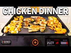 the chicken dinner is being cooked on the grill with words overlay that reads, chicken dinner