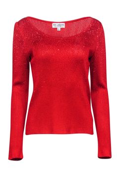 Current Boutique-St. John - Red Knit Rhinestone Scoop Neck Sweater Sz M Scoop Neck Sweater, Sweater Season, Shimmer And Shine, Buy Shoes Online, Weekend Wear, Business Attire, Red Hot, A Holiday, Knitwear Women