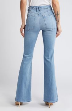 A split back pocket detail lends a hint of edgy energy to these flare-leg jeans designed with a signature gap-proof waistband and a hint of stretch. 33" inseam; 22" leg opening; 11" front rise; 14 1/2" back rise (size 8) Zip fly with button closure Five-pocket style 99% organic cotton, 1% elastane Machine wash, tumble dry Imported Black Owned/Founded Chic Flare Jeans With Pockets, Fitted Flare Jeans With Five Pockets, Chic Mid-rise Flares With Five Pockets, Mid-rise Fitted Flare Jeans With Pockets, Fitted Mid-rise Flare Jeans With Pockets, Fitted Full-length Flare Jeans With Pockets, Spring Fitted Flares With Five Pockets, Casual Fitted Flares With Pockets, Fitted Casual Flares With Pockets