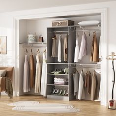 an open closet with clothes and shoes in it