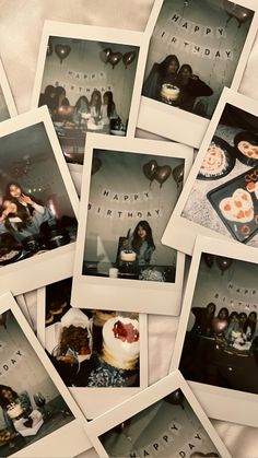 several polaroid photos of people sitting at a birthday party