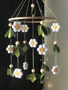 a close up of a mobile with flowers on it