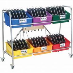 three tiered rack with files and folders on wheels