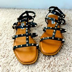 Steve Madden Black Studded Gladiator Sandals Size 9 Nwot Flats Gold Tone Flat Head Studs Ankle Buckle Closures Kept In A Clean, Smoke-Free, Pet-Free Environment Studded Gladiator Sandals, Shoes Steve Madden, Flat Head, Steve Madden Shoes, Gladiator Sandals, Black And Tan, Women's Shoes Sandals, Steve Madden, Shoes Sandals