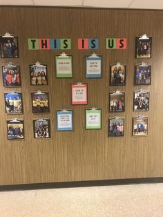 this is an image of a bulletin board with pictures on it and the words, this is us