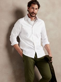 Slim Untucked Dress Shirt | Banana Republic Factory Cream Dress Shirts, Spring Slim Fit Dress Shirt For Work, White Oxford Shirt Outfit Men, Smart Slim Fit Dress Shirt For Spring, Untucked Dress Shirt Men, Smart Slim Fit Spring Dress Shirt, Tailored Button-up Dress Shirt For Spring, Spring Slim Fit Smart Dress Shirt, Tailored Spring Dress Shirt