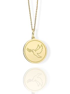 9K Solid Gold Dove Necklace - Peace Dove Pendant - Gold Bird Jewelry  Find all the information you need about your pendant : Material: 9K Solid Real Gold Stamp: 375 (9K) Pendant's Size: ( 6 sizes available) -       0.55 inches / 14mm  (diameter) -       0.62 inches / 16mm (diameter) -0.70 inches / 18mm (diameter) -0.78 inches / 20mm (diameter) -0.86 inches / 22mm (diameter) -0.94 inches / 24mm (diameter) Pendant Thickness: 0.5mm Inner diameter of the jumpring: 4mm FREE Backside Engraving Gift Box Included! Necklace Length: (thin and dainty) - Without Chain - 16 inches / 40cm - 18 inches / 45cm - 20 inches / 50cm Add your personalized engraving on the back for FREE, we recommend a maximum of 5 lines with 10-15 characters on each side. Personalized/Custom orders cannot be returned. Our works Dove Pendant, Peace Jewelry, Dove Jewelry, Dove Necklace, Peace Necklace, Dove Bird, Peace Dove, Bird Necklace, White Gold Chains