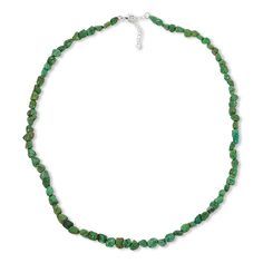 KALIFANO Green Anhui Turquoise Bead 24" Necklace  Nuggets of gorgeous, green turquoise make this simple beaded necklace design a fun, fashionable addition to any outfit. Wear it solo or pair it with other pieces for a lovely, layered took.       Approx. 24"L x 1/4"W with 1-3/4" extender     Stamped .925; rhodium plating     Lobster claw clasp     Necklace has irregular, nugget-shaped beads of green turquoise in single strand   Stone Information       All sizes and weights approximate     Stabili Green Turquoise Single Strand Necklace As Gift, Green Bohemian Single Strand Turquoise Necklace, Turquoise Emerald Necklace With Single Strand Round Beads, Turquoise Emerald Necklace With Round Beads, Green Turquoise Necklace Hand-strung As Gift, Green Hand-strung Turquoise Necklace As Gift, Adjustable Green Turquoise Necklace With Round Beads, Green Turquoise Necklace With Faceted Beads As Gift, Turquoise Gemstone Beads Necklace In Jade