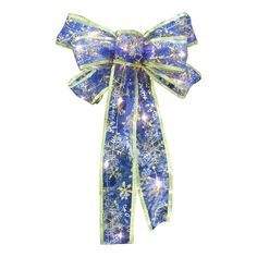 a blue and yellow bow with snowflakes on it