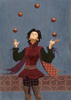 a painting of a woman juggling balls in the air with her arms stretched out