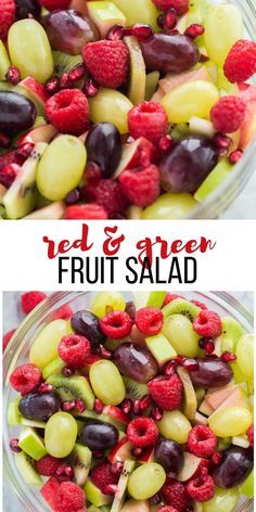 red and green fruit salad in a glass bowl