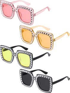 PRICES MAY VARY. You will get: 4 pieces square glasses in different colors, they are black frame gray lens, light pink glasses, light coffee glasses and black frame light yellow lens respectively; Different colors are easy to match your outfits Lightweight material: the fashionable retro oversize sunglasses is made of polycarbonate, lightweight and comfortable to wear Groove design: these sparkling sunglasses are designed shiny grooves without rhinestones, they are more lightweight than rhinesto Elton John Sunglasses, Ladies Fancy Dress, Oversize Sunglasses, Pink Glasses, Rhinestone Sunglasses, Sunglasses Women Oversized, Sunglasses Retro, Fancy Dress Accessories, Square Glasses