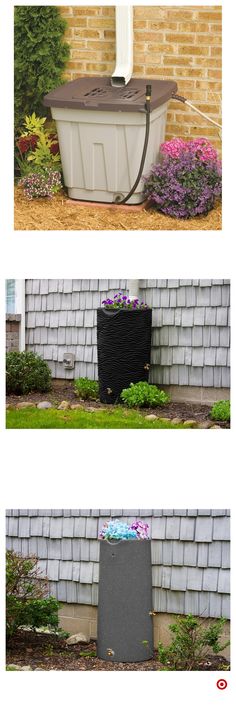 three different views of the same house and yard with flowers in it, including an outdoor tub