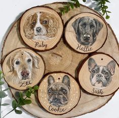 four wood slices with dogs painted on them and the names of each dog are shown