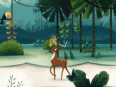 a cartoon deer standing in the middle of a forest