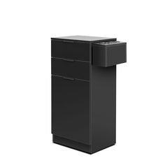 a black filing cabinet with two drawers on the bottom and one drawer open to reveal an electronic device