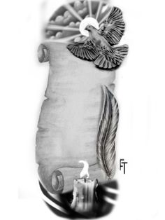 a black and white drawing of a candle with a bird on it's back