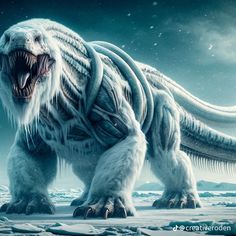 an ice age monster with large teeth and long claws, standing on the snow covered ground