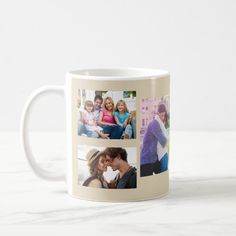 a coffee mug with four different photos on it