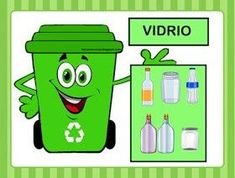 a green trash can with the words vidro on it and various items surrounding it