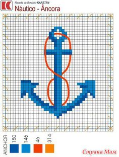 cross stitch pattern with an anchor on the front and blue, orange and white colors