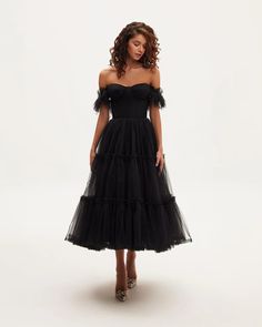 Black Ruffled Tulle Midi Dress ➤➤ Milla Dresses - USA, Worldwide delivery Elegant Corset Dress With Tulle Skirt For Party, Off-shoulder Fitted Tulle Evening Dress, Strapless Cocktail Dress With Tulle Skirt, Fitted Corset Dress With Tulle Skirt For Cocktail, Strapless Tulle Skirt Evening Dress For Cocktail, Tulle Corset Ball Gown For Party, Tulle Ball Gown Corset Dress With Ruffles, Tulle Ball Gown Corset Dress For Party, Off-shoulder Tulle Dresses For Gala