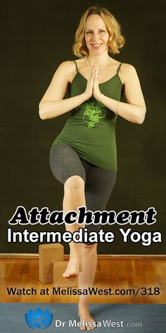 a woman is doing yoga in front of a blackboard with the words attachments, intermediaate yoga