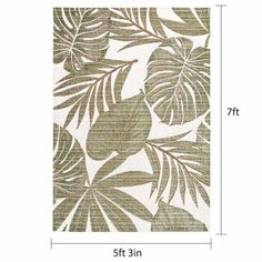 an area rug with leaves on it, and measurements for the width of each piece