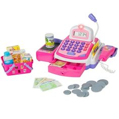 a pink toy cash register with money and coins