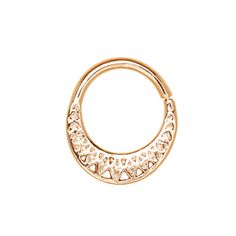 PRICES MAY VARY. STYLE: Ornate Tribal Septum Ring MATERIAL: Rose Gold Plated 316L Stainless Steel GAUGE/BAR THICKNESS: 16GA (1.2mm) BARBELL LENGTH: 5/16" (8mm) This beautiful and lightweight septum ring features interlocking triangles in an ornate tribal design. Bull Nose Ring, Dermal Piercing Jewelry, Nose Ring Jewelry, Daith Jewelry, Daith Piercing Jewelry, Septum Nose Rings, Gold Body Jewellery, Septum Jewelry, Nose Jewelry