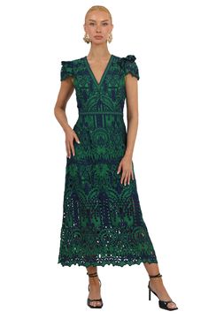 Frill-trimmed sleeves frame this sophisticated midi designed with lovely lace and enchanting embroidery. 48" length (size Medium) Back zip closure V-neck Short sleeves Partially lined 100% polyester Hand wash, dry flat Imported V-neck Midi Dress With Lace Trim For Garden Party, Elegant V-neck Midi Dress With Lace Patchwork, Elegant Green Midi Dress With Lace Trim, Elegant Green Dress With Scalloped Lace, Elegant Green Scalloped Lace Dress, V-neck Midi Lace Dress With Scalloped Lace, Spring V-neck Midi Dress With Scalloped Lace, Green Lace V-neck Midi Dress, Green Lace Midi Dress For Garden Party