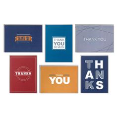 six thank you cards with the words thank you in different colors and font on them